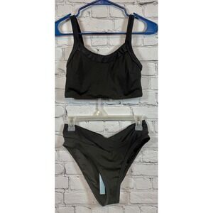 Cupshe Small Black Ribbed Bikini Set Two‎ Piece Swimsuit High Cut Sexy Swimwear